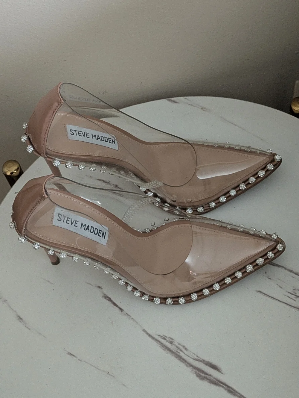 Steve Madden Nude Clear Pointed Toe Pumps with Crystal Trim - Picture 2 of 14